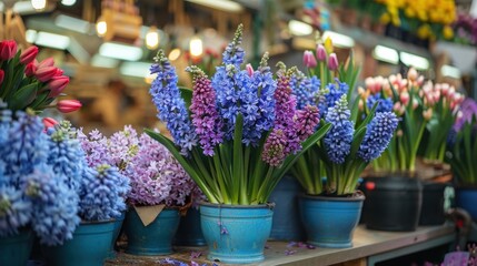 Hyacinth Market. Blue-violet hyacinths in pots at a floristic store - obrazy, fototapety, plakaty