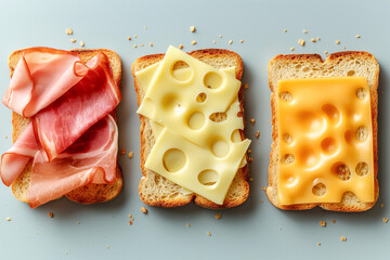 toasts with ham and cheese for a simple breakfast, top view