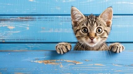 Kitten with Paws Up, Peeking Over a Blue Wooden Background