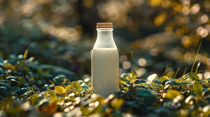 A bottle of milk is placed on the meadow green grass,