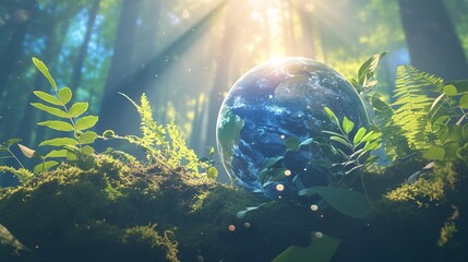 Planet Earth On Soil With green Moss and Ferns In Sunny Forest With bokeh background. Ecology And Earth Day concept.