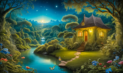 Fototapeta na wymiar A Fairytale Cottage Nestled in a Mystical Forest by a Tranquil River, Illuminated by Moonlight and Surrounded by Lush Greenery and Colorful Flowers. Fairytale Concept