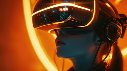 Virtual reality images, A girl is wearing futuristic virtual reality lenses in her eyes