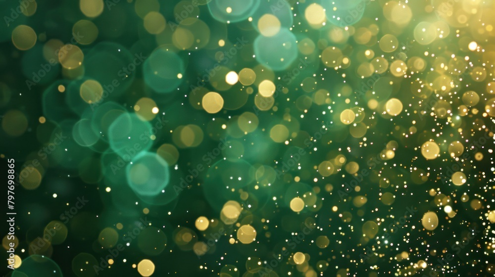 Poster abstract bokeh banner with shimmering gold circles on emerald background