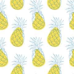 Summer pattern with pineapples blue contour hand drawing on background of yellow spots. 