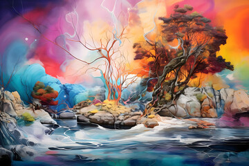 Island Escape Extravaganza, abstract landscape art, painting background, wallpaper, generative ai