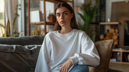 Fototapeta premium Young female model lounging. Plain white sweatshirt for logo mockups