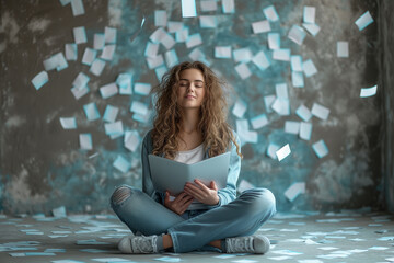 Creative thinker with notebook amidst a flurry of floating paper notes, deep in thought. Copy space
