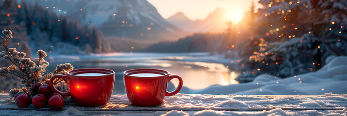 Hot drink in cups on frozen wooden table over winter,
Winter coffee HD 8K wallpaper Stock Photographic Image
