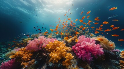 A diverse coral reef teeming with colorful fish and vibrant coral formations