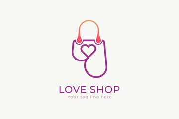 Minimal shopping bag love logo vector design simple logo template. 