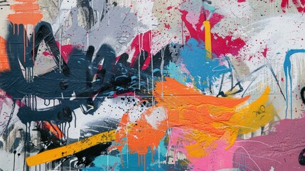 Abstract art wall with messy paint strokes and graffiti elements