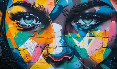 Insanely beautiful graffiti of a woman’s face with blue eyes close-up on the wall, bright colors