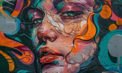 Insanely beautiful graffiti of a woman’s face with blue eyes close-up on the wall, bright colors