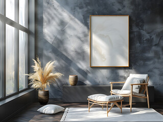 Modern Contrast: White Frame Mockup on Sleek Sideboard Amid Abstract Art