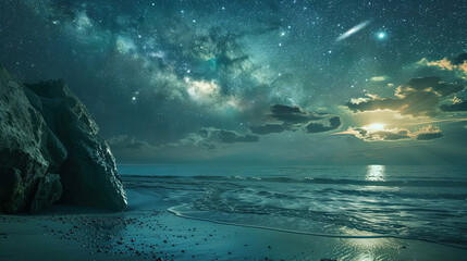 Beach at night, there is  milky way in the beautiful sky