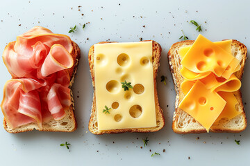 toasts with ham and cheese for a simple breakfast, top view