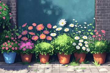 AI generated illustration of colorful potted flowers along a brick wall with sunlight