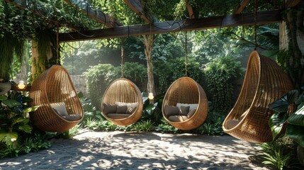 Enhancing Outdoor Relaxation with Egg-Shaped Swing Chairs in a Leafy Garden Sanctuary
