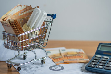 shopping cart with light bulb and 50 euro note bills concept of utility increasing inflation price 