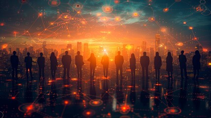 A group of interconnected silhouettes of business professionals against a backdrop of glowing digital circuits, symbolizing the network of connections in both social and professional realms