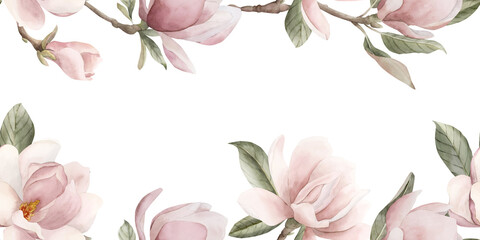 Light pink magnolia flowers, buds, sprigs and leaves. Horizontal card of spring blossom. Floral watercolor illustration © Leyla