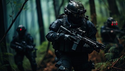 Obraz premium A group of men in military gear trek through a dense forest, showcasing their tactical training and readiness.