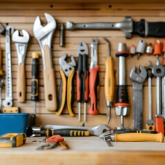 A variety of hand tools organized neatly on a wooden pegboard in a workshop setting.