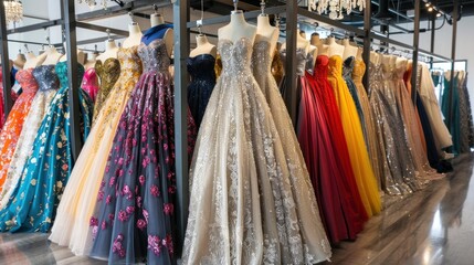Modern shop showcasing colorful formal gowns for special occasions