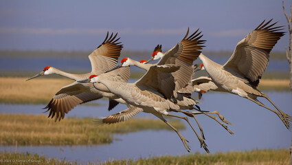Naklejka premium A group of six sandhill cranes are flying over a marsh