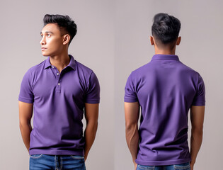 Front and back views of a man wearing a purple polo shirt mockup template