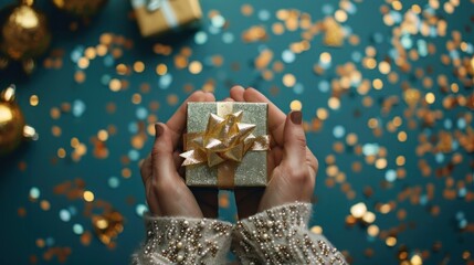 Woman's hands cradle gift box with golden ribbon, surrounded by festive confetti on blue background.