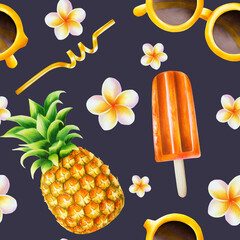Watercolor tropical seamless pattern with illustrations with fruit ice cream, straw for cocktail,...