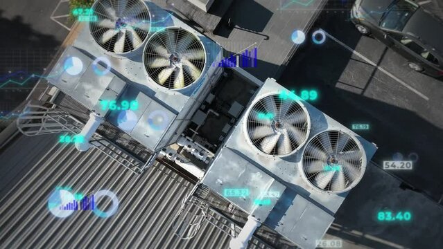 Overhead view of rooftop HVAC units with spinning fans, augmented with animated data overlay. Top down aerial drone shot with animation special effects.