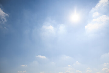 Beautiful clear sky and cloud at high. Landscape at outdoor include environment, weather, empty space and light of nature. Bright blue color at day in autumn for scene, backdrop and background.