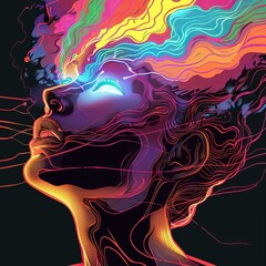 Colorful abstract portrait of a woman with bright colors and flowing hair higher self - obrazy, fototapety, plakaty