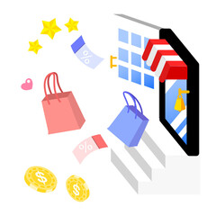 online shopping, shopping bag, golden coins, e-commerce concept, smartphone, star rating
