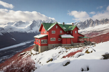 Mountain chalet on the background of snow-capped mountains