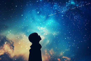 The boy looks at the starry sky and at the flying Starlink train - obrazy, fototapety, plakaty