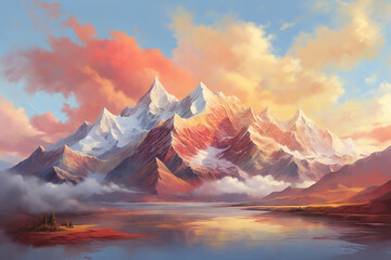 Beautiful landscape with mountains and lake. Digital painting. 3d rendering