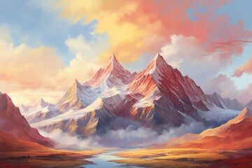 Fantasy mountain landscape with lake and blue sky. Digital painting.