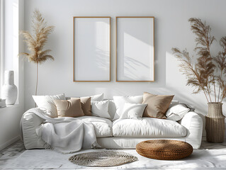 Hyper-Realistic Urban Feel: Chic Living Room with Identical White Frame Mockups
