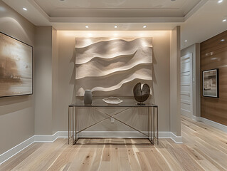 Luxurious Minimalism: White Frame Mockup Above Sleek Glass Entry Table in Foyer - obrazy, fototapety, plakaty