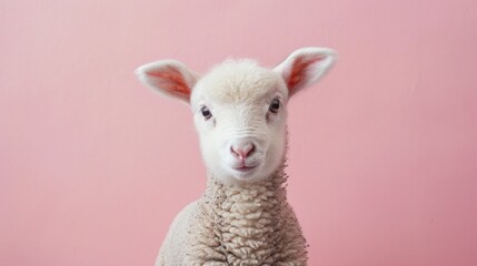 Adorable Lamb Posing on Pastel Pink Background