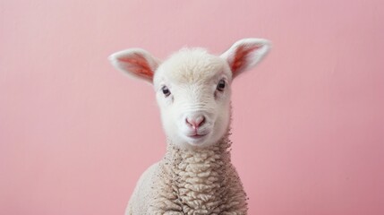 Fototapeta premium Adorable Lamb Posing on Pastel Pink Background