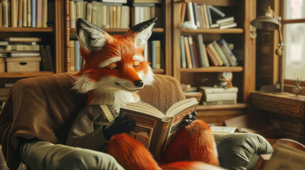Obraz premium A fox is perched on a couch, engrossed in a book its reading