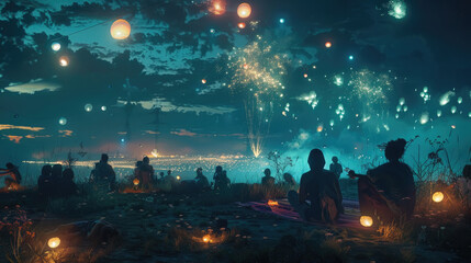 A diverse group of people gathered together outdoors, looking up at colorful fireworks illuminating the night sky