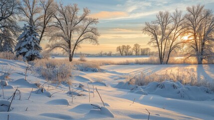 Serene Winter Landscape. Dawn and Untouched Snowfields