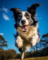 Highspeed action shot of a border collie catching a frisbee, dynamic motion blur, clear blue sky background, concept of active dogs