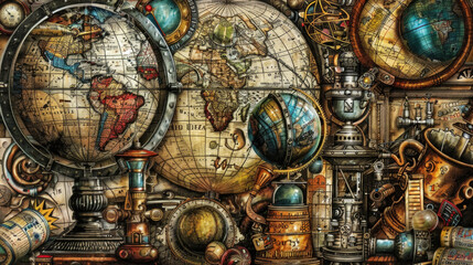 A painting depicting a collection of diverse globes, showcasing different continents, countries, and geographical features in vivid detail